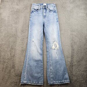 Women's High-Waisted Trouser Wide Leg Flare Jean Size 7 Stretch Distressed Denim